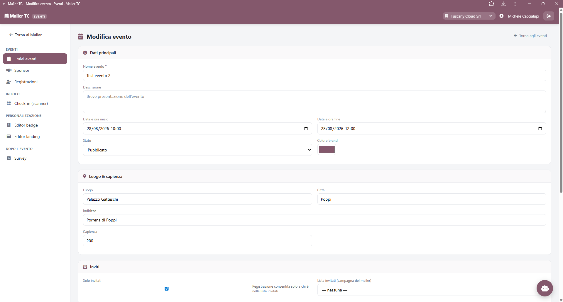 Modulo Eventi di Mailer con badge QR e check-in